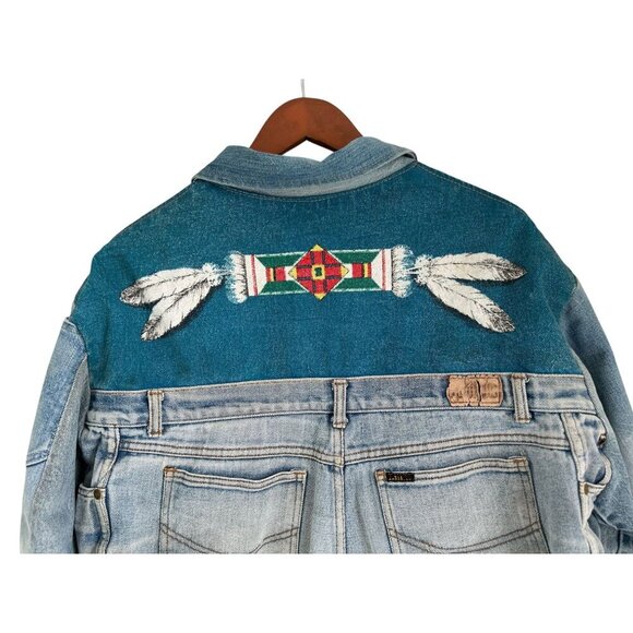 Vtg Y2K Denim Patchwork Jacket Tribal Boho Streetwear Feather Embroidery - Picture 7 of 15